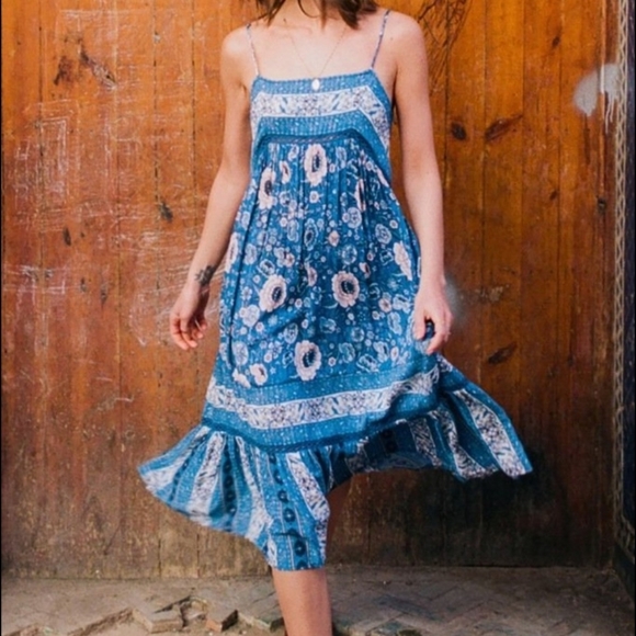 Spell Blue Floral Zahara Metallic Midi Boho Dress - Picture 5 of 16